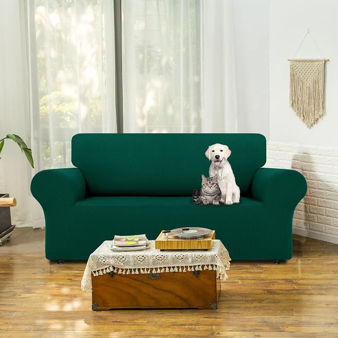 LURKA Stretch Loveseat Sofa Slipcovers 1 Piece Couch Covers for Sofa Furniture Protector Full Sofa Covers with Elastic Bottom for Kids and Dog (Dark Green, Medium)