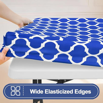 Smiry 2 Pack Rectangle Table Cloth 6 Foot, Waterproof Elastic Fitted Tablecloths, Windproof Washable Polyester Table Cover for Picnic, Camping, Outdoor (Blue, 30"x72")