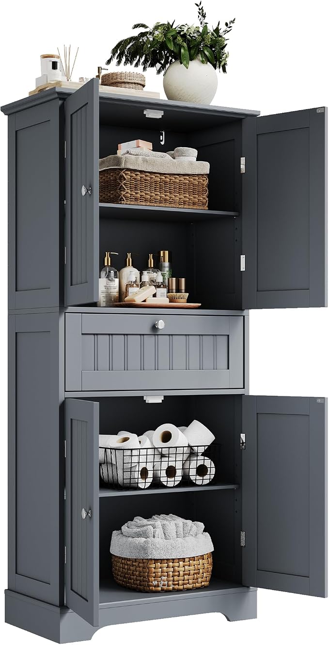 ChooChoo 51" H Bathroom Floor Cabinet with Drawers and Adjustable Shelves | Bathroom Storage Cabinet, Freestanding Kitchen Pantry Cupboard with 4 Doors for Living Room, Grey