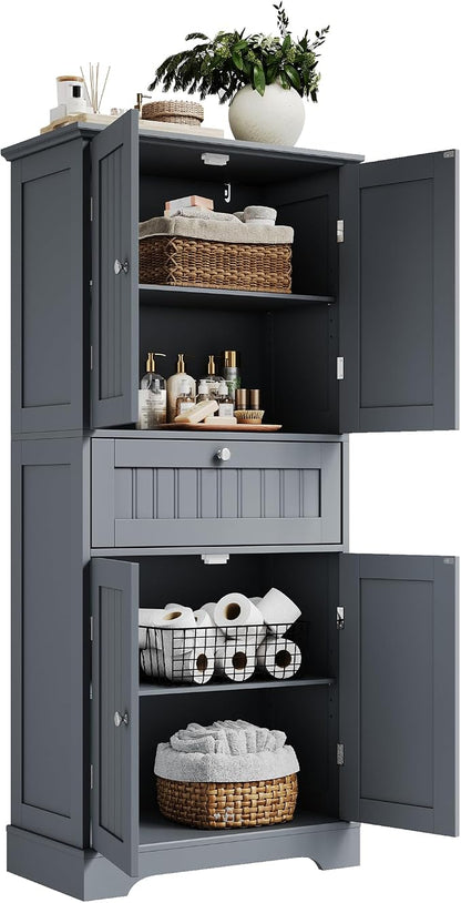 ChooChoo 51" H Bathroom Floor Cabinet with Drawers and Adjustable Shelves | Bathroom Storage Cabinet, Freestanding Kitchen Pantry Cupboard with 4 Doors for Living Room, Grey