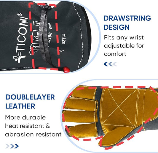 TICONN Welding Gloves, 16 IN L/XL/XXL 1000°F Heat-Resistant Fireproof Leather Gloves for Welders, Stick, Forge, Mig, Tig, BBQ