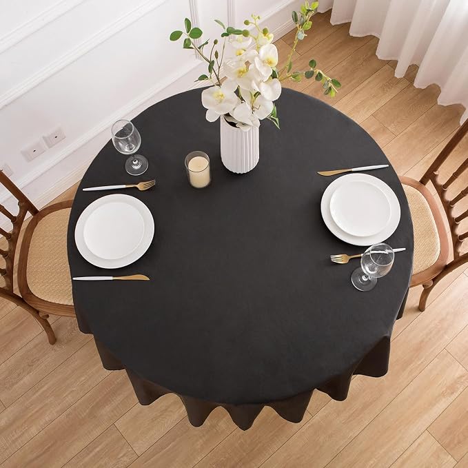 NLMUVW 60 Inch Round Vinyl Tablecloth with Flannel Backing, Black Small PVC Table Cloth 100% Waterproof Wipe Clean Table Cover for Dining Party Camping Outdoor