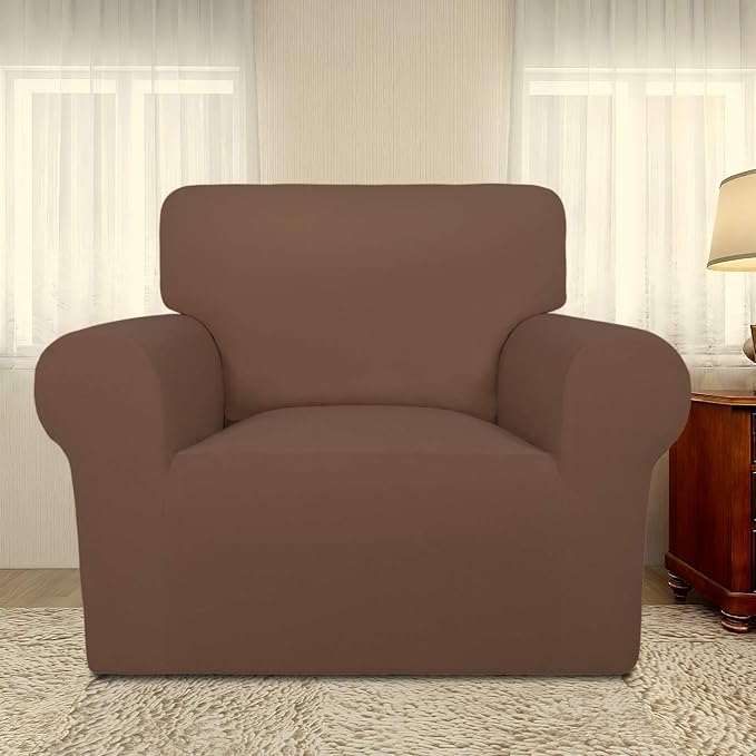 PureFit Super Stretch Chair Covers Fleece Couch Covers for Sofa Brown | 1-Piece Spandex Couch Cover Soft Couch Protector, Sofa Cover Washable with Non Skid Foam and Elastic Bottom for Kids, Dogs