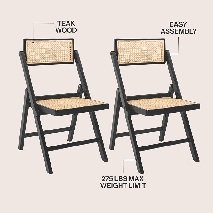 JONATHAN Y Theo Teak Wood and Rattan Folding Chairs, Set of 2, Black | Woven Cane Seat, Back, Portable Lightweight Design, For Dining Room, Living Room, Mid-Century Vintage Bohemian Style
