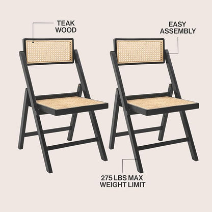 JONATHAN Y Theo Teak Wood and Rattan Folding Chairs, Set of 2, Black | Woven Cane Seat, Back, Portable Lightweight Design, For Dining Room, Living Room, Mid-Century Vintage Bohemian Style
