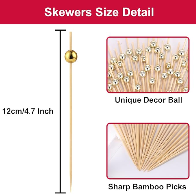1000 Pcs Cocktail Picks, Gold Plastic Ball Decor Skewer for Appetizers, Fruit, Kebabs, Mini Burger, Bamboo Skewers for Drinks, Handheld Toothpicks, Food Sticks Natural, Kitchen Gadget