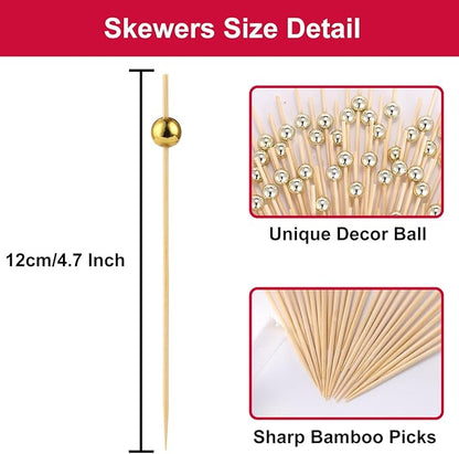1000 Pcs Cocktail Picks, Gold Plastic Ball Decor Skewer for Appetizers, Fruit, Kebabs, Mini Burger, Bamboo Skewers for Drinks, Handheld Toothpicks, Food Sticks Natural, Kitchen Gadget