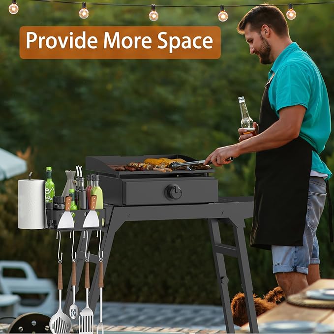 Side Shelf and Grill Caddy for Blackstone 17" & 22" Griddle Stand, Accessories With Tool Hooks, Paper Towel Holder and Spatula Holder for Blackstone 5013 Stand