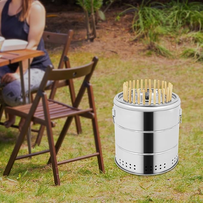 Portable Smokeless Barbecue Charcoal Barrel Grill, Stainless Steel Surround Charcoal Kebab Grill with 30 Skewers and BBQ Grill Cooking Grate, 15.4 Inch Diameter for Outdoor Camping Patio Backyard