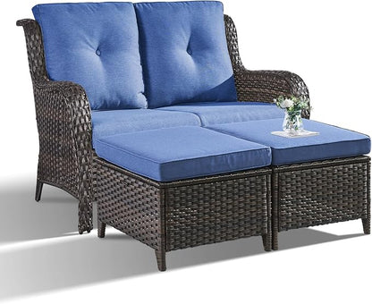 Outdoor Loveseat Sofa - 3 Piece Patio Furniture with Ottoman Deep Seating Patio Couch for Porch Deck Garden Backyard - Brown/Blue