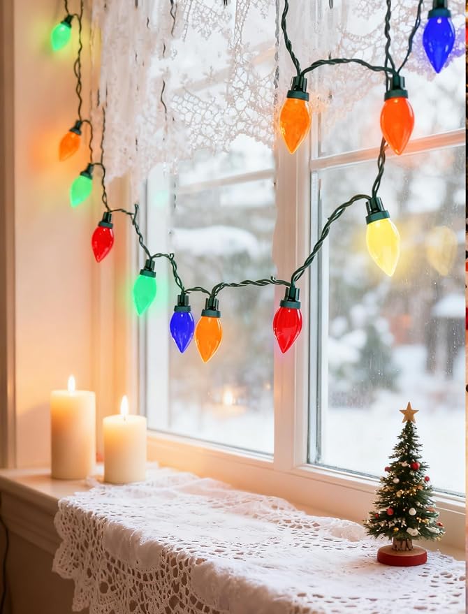 C9 Christmas String Lights Outdoor, 26FT 50 LED Vintage Multicolor Fairy Lights, Plug in UL Listed Waterproof Connectable Christmas Tree Lights for Home, Roofline, Garden, Patio Decor, Green Wire