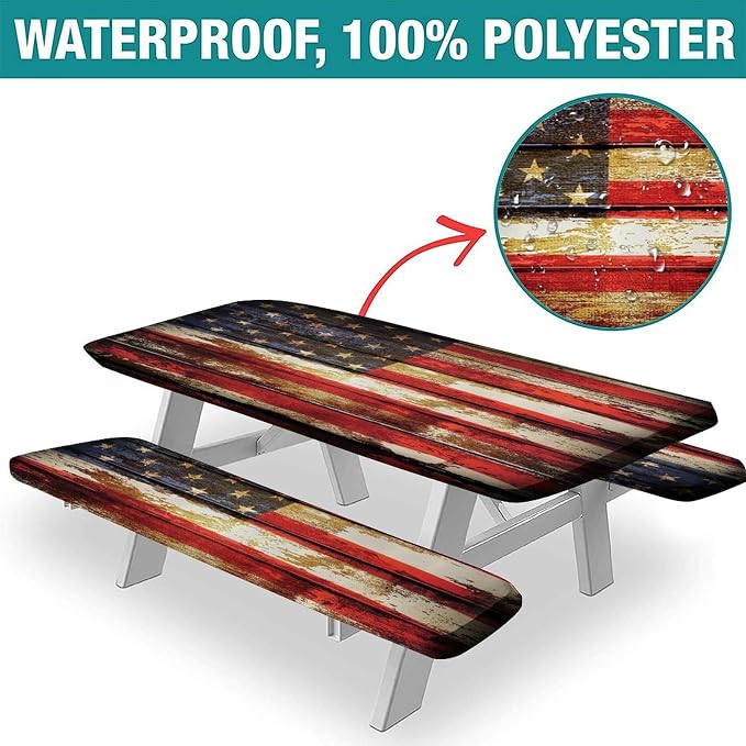 American Flag Picnic Table Fitted Tablecloth Cover, Symbolism over Old Rusty Tones Weathered Vintage Social Plank Artwork Table Cloth, 28x72 In, 3 Piece Set, for Outdoor, Camping, Picnics Parties Use