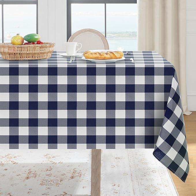 Softalker Gingham Checkered Tablecloth Rectangle - Outdoor Waterproof Buffalo Plaid Table Cloth, Stain Resistant Washable Table Cover for Picnic, Camping, Dining - Navy Blue and White, 54 x 120 Inch