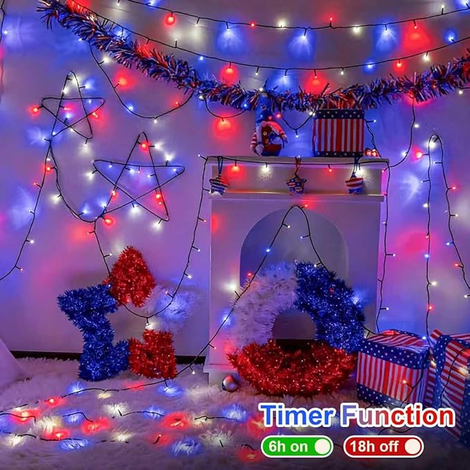 QITONG 4th of July String Lights Outdoor Waterproof, 66ft 200 LED Red White and Blue Patriotic Lights with Plug in, Green Wire Twinkle Tree Lights with 8 Modes