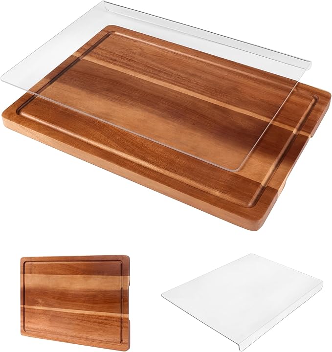Cutting Board Set of 2 – Acacia Wood & Acrylic Cutting Board with Counter Lip for Kitchen, Wooden Chopping Board with Juice Grooves for Vegetables, Fruits, Meat