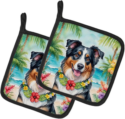 Caroline's Treasures Australian Shepherd Luau Pair of Pot Holders Kitchen Heat Resistant Pot Holders Sets Oven Hot Pads for Cooking Baking BBQ, 7 1/2 x 7 1/2