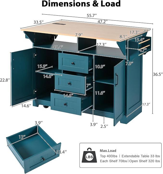 Ball & Cast Large Green Rectangular Kitchen Island with 2 Drop Leaf, 3 Drawers, 2 Doors, Folding Storage Dining Table, Spice & Towel Rack, Power Outlet & USB Port, 5 Wheels, 55.7"W x 34"D x 36.5"H