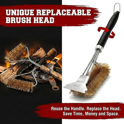 KITCHEN PERFECTION Brass GrillSaver - Safe BBQ Grill Brush with Replaceable Cleaning Head -Heavy-Duty Grill Cleaner w/Scraper for Porcelain & Ceramic Grates, Includes Magnetic Hanger & Bottle Opener