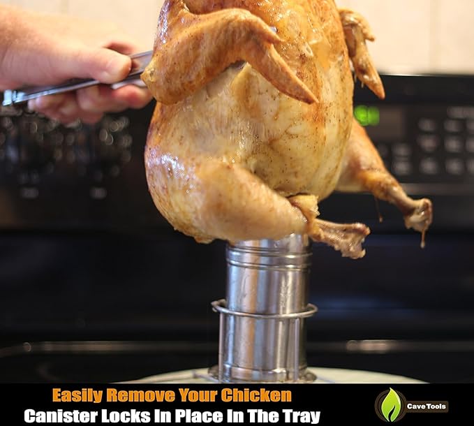 Cave Tools Roasting and Grill Rack, Stainless Steel BBQ Accessories for Smoker, Grill or Oven, Dishwasher Safe - Beer Can Chicken & Turkey Holder Roasting Pan with Vegetable Spikes