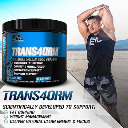 Evlution Thermogenic Fat Burning Support Powder Nutrition Trans4orm Fast Acting Energy Powder to Support Fast Metabolism Weight Loss and Mental Focus with CLA Carnitine and Alpha GPC - Blue Raz