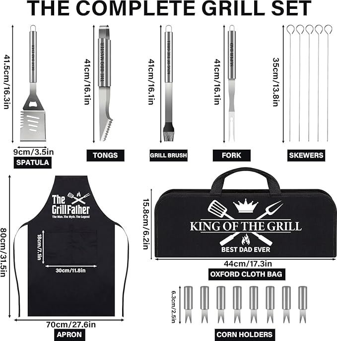 19Pcs Dad Father's Day Gifts from Daughter Son BBQ Grill Tools Set with Apron Portable Bag Heavy Duty Stainless Steel Grilling Utensils Barbecue Accessories Kit for Men Father Papa Birthday Present