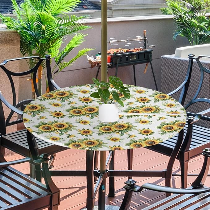 Sunflowers Outdoor Fitted Round Tablecloth with Umbrella Hole, 45"-56" Elastic Patio Table Cloth with Zipper Oil-Proof Waterproof Patio Table Cover for Picnic Party Spring Decoration