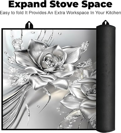Heat-Resistant Glass Stove Top Cover with Anti-Slip Rubber Coating – Electric Stove Protector, Scratch-Resistant, Counter Space Decor Mat (Rose, 28.5"L x 20.5"W)