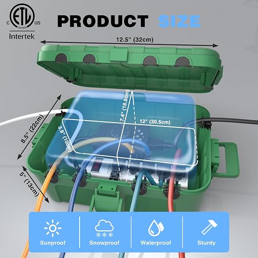 Flemoon Large Outdoor Electrical Box (12.5 x 8.5 x 5 inch), IP54 Waterproof Outdoor Extension Cord Cover Weatherproof, Protect Outlet, Plug, Socket, Timer, Power Strip,Green