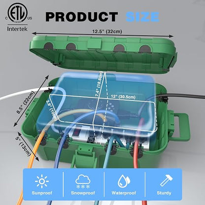 Flemoon Large Outdoor Electrical Box (12.5 x 8.5 x 5 inch), IP54 Waterproof Outdoor Extension Cord Cover Weatherproof, Protect Outlet, Plug, Socket, Timer, Power Strip,Green