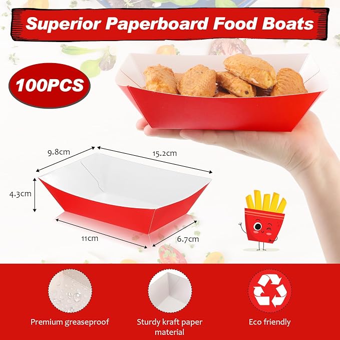 100 Pcs 2lb Paper Food Trays Boat Nacho Boats for Hot Dogs, Red | Grease-Resistant, Disposable Kraft Paper Boat for Tacos Concession, Food Trucks, Birthday, Wedding, Christmas, Halloween