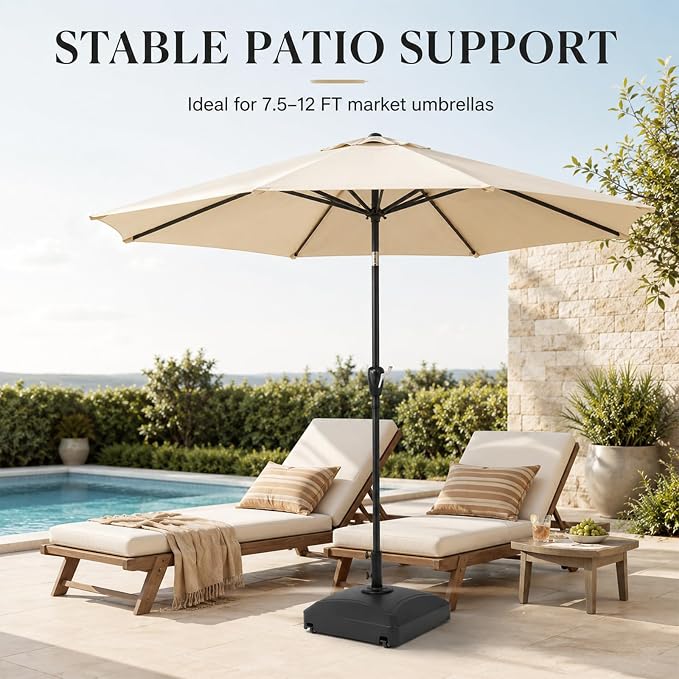 125 Lbs Fillable Mobile Umbrella Base, Heavy Duty Square Stand Built with 4 Rolling Wheels, Stable Outdoor Holder for Patio Deck Lawn and Poolside Market Parasols, Black