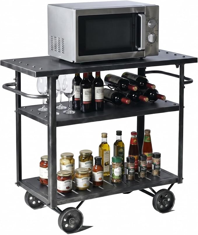 Industrial 3 Tier Mobile Bar Cart Rustic Metal Serving Cart with Wheels and Side Handles Vintage Rolling Kitchen Stand Cart-LxWxH: 36.2 * 15.75 * 30.5inch
