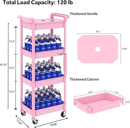 STEEHOOM Utility cart with Tabletop 4 Tier Rolling Cart Organizer with Wheels Movable Storage Cart for Office, Living Room, Kitchen, Craft Room, Pink