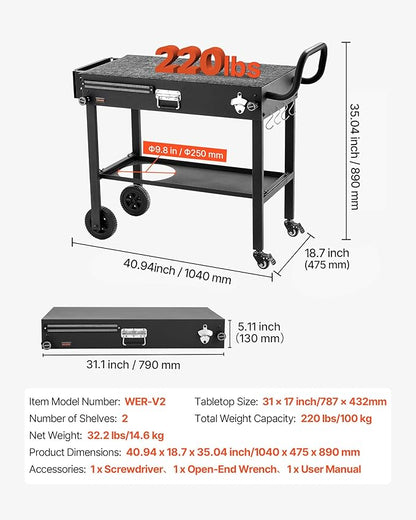 VEVOR Outdoor Grill Cart, 31.0 x 17.0 inch Tabletop Size Grilling Table, Foldable Outdoor Cooking Table with Tissue Holder, Wheels, Magnetic Tool Rack, BBQ Prep Tables for Picnic, Kitchen, Courtyard
