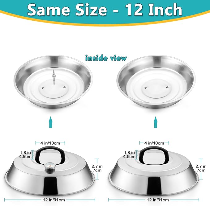 12Inch Cheese Melting Dome, HaSteeL Stainless Steel Round Basting Steaming Cover, Large Solid Griddle Dome & Grill Lid with Thermometer, For Flat Top Teppanyaki BBQ Camping Cooking Indoor & Outdoor