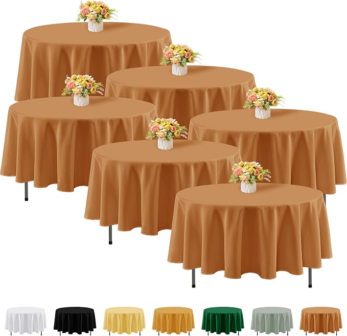 Fitable 6 Pack Bronze Round Tablecloths - 90 Inches in Diameter | Wrinkle & Stain Resistant, Washable Polyester Fabric, For Wedding Party Banquet Formal Events Fall Thanksgiving Harvest