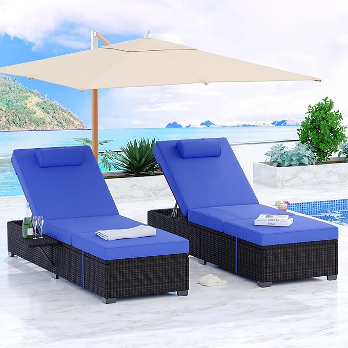 PeakPursuit Patio Lounge Chairs,Outdoor PE Wicker Chaise Lounge Set of 2,Chaise Lounge Chair Outdoor，Pool Furniture,Brown Rattan Recliners with Adjustable Backrest,Storage Table,Royal Blue