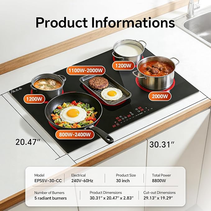 Ranein 30 Inch 5 Burner Electric Cooktop, Max 8800W 240V Ceramic Panel Built-in Electric Stove Top, with Child Safety Lock, Timer, Over-Temperature Protection