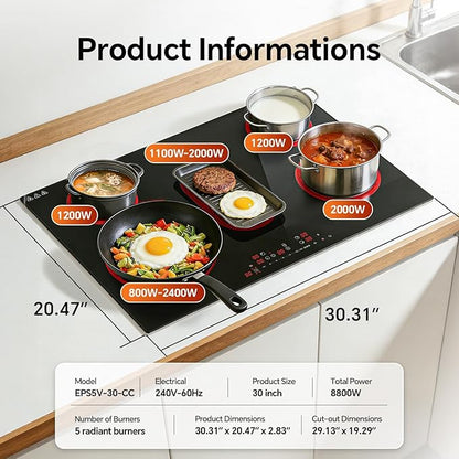 Ranein 30 Inch 5 Burner Electric Cooktop, Max 8800W 240V Ceramic Panel Built-in Electric Stove Top, with Child Safety Lock, Timer, Over-Temperature Protection
