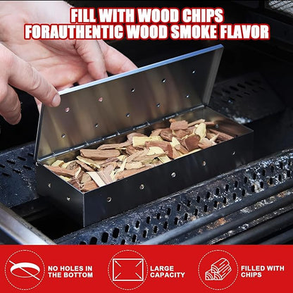 SHIKORI Smoker Box, BBQ Wood Chips Smoker Box for Gas or Charcoal Grills Heavy Duty Stainless Steel Barbecue Smoker Box Grill Accessories(Silver)