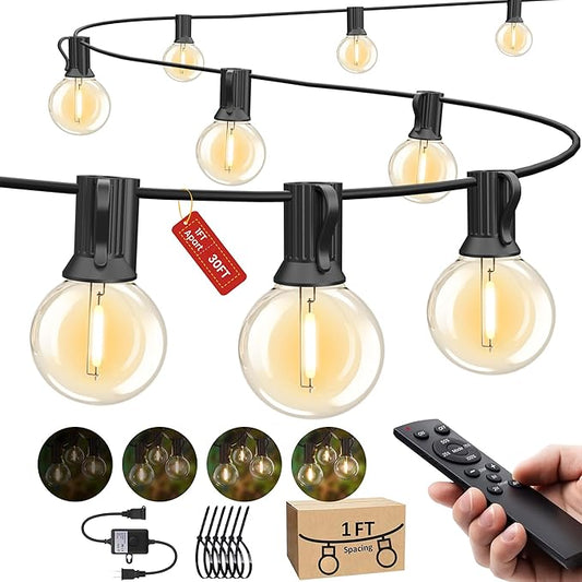 SUFEIMAS Outdoor-String-Lights-Patio-LED-Light-Outside 30FT Waterproof Dimmable Remote Outdoor Lighting 28 Globe G40 LED Bulbs Hanging Lights Connectable for Backyard Porch Party 12 inch Far Apart