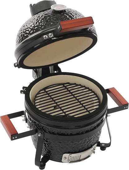 13 Inch Ceramic Charcoal Grill, Portable Kamado Style BBQ with 50-800°F Temperature Range, with Bamboo Handles and Spring Hinge 12.6” Grilling Grate for Outdoor Patio Camping Picnic, Black