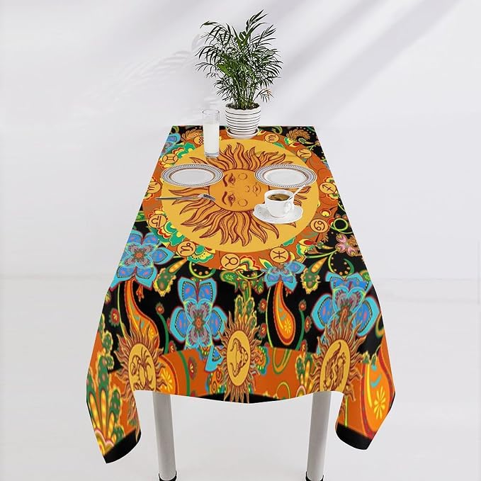 Vintage Boho Sun Tablecloth Wildflower Floral Bohemian Hippie Sun Table Cloth Water Resistant Wipeable Table Cover for Farmhouse Picnic Party Holiday Kitchen Dinner Table 55"x75"