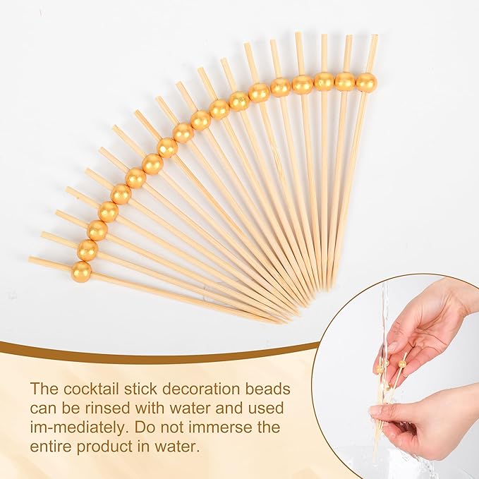 300PCS Cocktail Picks, Fancy Toothpicks for Appetizers, Decorative Bamboo Skewers for Appetizers Drinks Fruit, 4.7 Inch Long Wooden Gold Pearl Food Sticks Charcuterie Boards Accessories Party Supplies