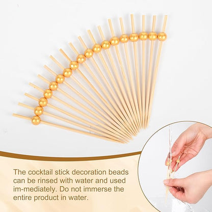 300PCS Cocktail Picks, Fancy Toothpicks for Appetizers, Decorative Bamboo Skewers for Appetizers Drinks Fruit, 4.7 Inch Long Wooden Gold Pearl Food Sticks Charcuterie Boards Accessories Party Supplies