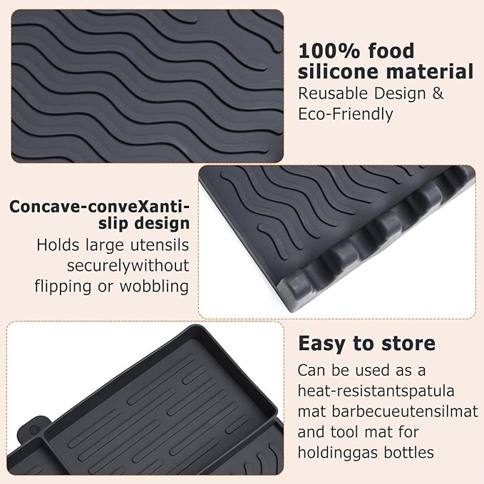 Full-Size Silicone Griddle Mat for Flat Top Grills, Heat Resistant Spatula Holder with Grease Drip Pan, Outdoor Cooking Counter Protector, Black