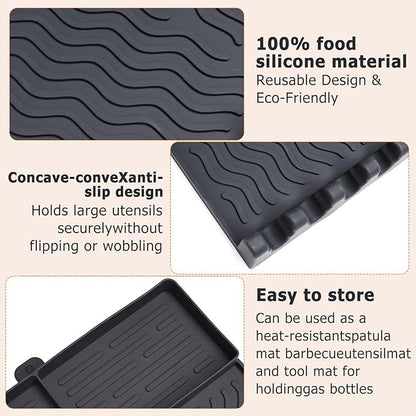 Full-Size Silicone Griddle Mat for Flat Top Grills, Heat Resistant Spatula Holder with Grease Drip Pan, Outdoor Cooking Counter Protector, Black