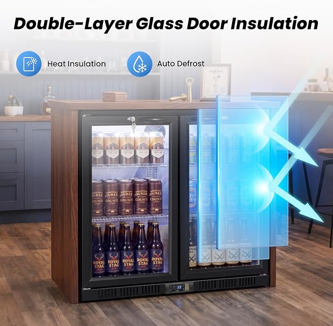 35.42" W Commercial Under Counter Beverage Refrigerator, 2 Glass Door Back Bar Cooler, Built-in/Freestanding 7.4Cuft Drink Fridge with LED Light, Auto Defrost, Low-E Glass & Safety Lock, Rebound door
