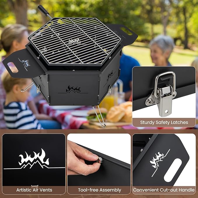 HAPPYGRILL Portable Charcoal Grill Stove, Outdoor Hibachi Grill Smoker w/ 360° Rotatable Grill, Foldable Body & Legs, Heavy-duty BBQ Grill w/Handles for Cooking & Heating
