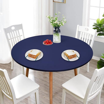 NEWISHER Round Fitted Table Cover Spandex Stretch Tablecloth Navy Blue Table Top Cover with Elastic Edged for Dining Picnic Patio 60 inch